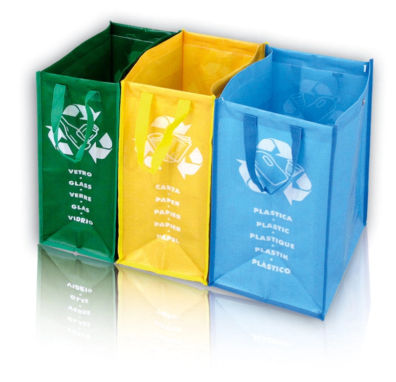 Set 3 Borse Raccolta Differenziata Carta Vetro Plastica Lavabili Autoportanti