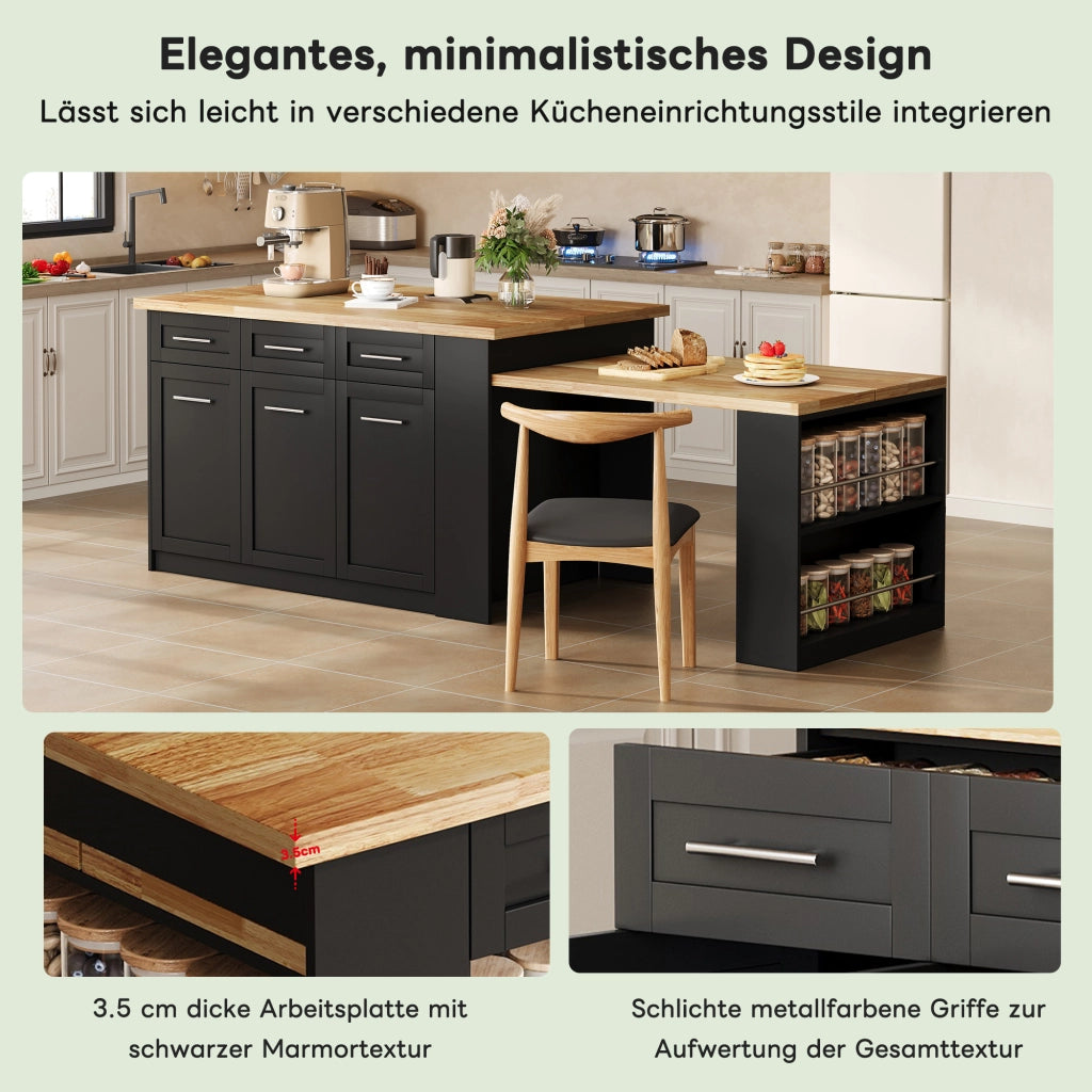 ISOLA CUCINA Multifunzionale 150x90x90 cm Nero/Naturale con tavolo estraibile