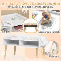 Set Tavolino per Bambini con Sgabello, Banchetto con Piano Reversibile e Rotolo di Carta, Bianco