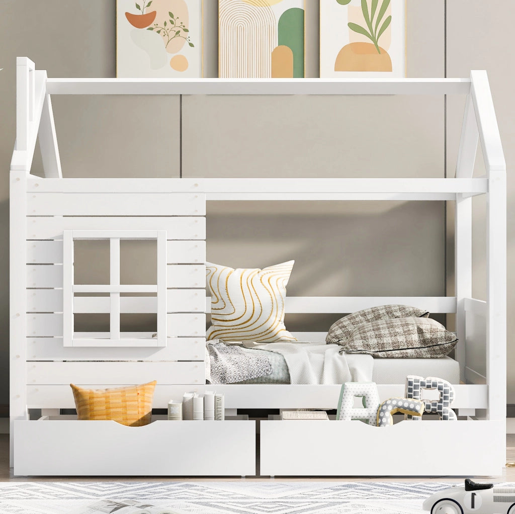 Letto a casetta per bambini 90x200 cm bianco con cassetti
