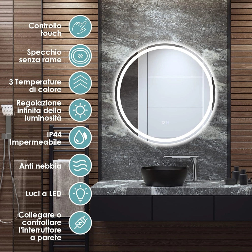 Specchio Bagno con LED, Specchio da Parete IP44 con Luce Regolabile 3000-6000k a 3 Colori, Telaio in Alluminio e Funzione Disappannamento per Paccucchiere e Camerino (Rotondo Ø 60cm)