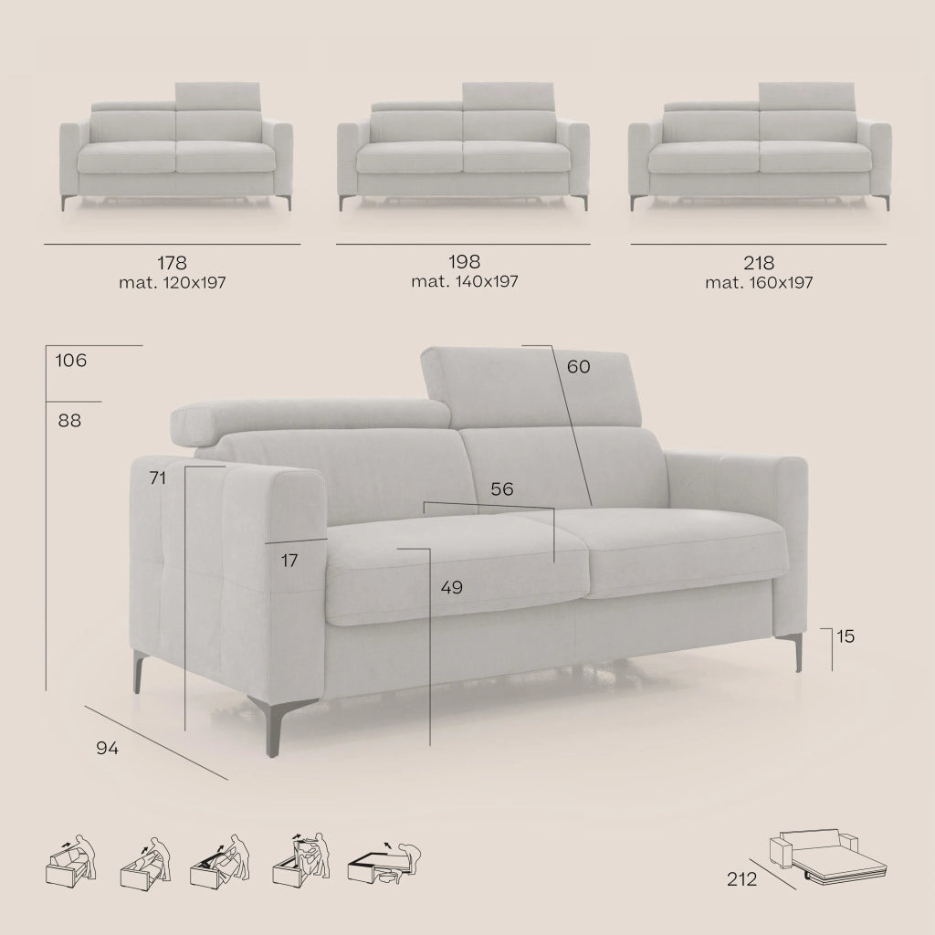Gardenia Divano letto materasso alto 18 cm con poggiatesta reclinabili e rivestimento impermeabile T02 198 cm (mat. 140x197) marrone