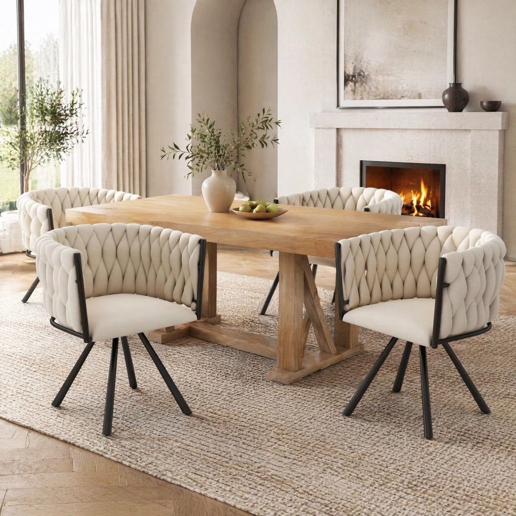 Sedia da pranzo girevole in velluto beige con struttura in metallo e schienale ergonomico
