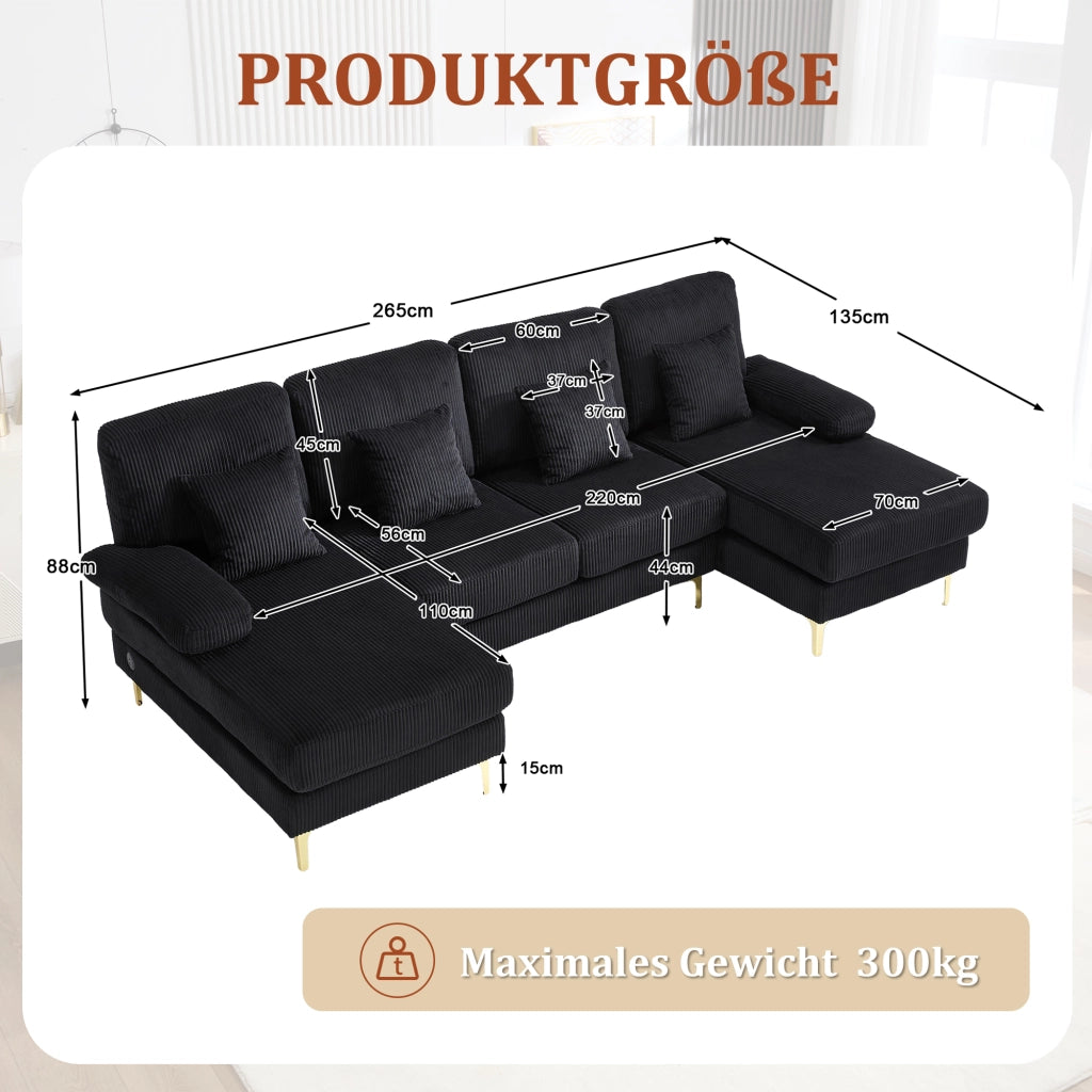 DIVANO a U in velluto nero 265x135x88 cm con LED e porta USB