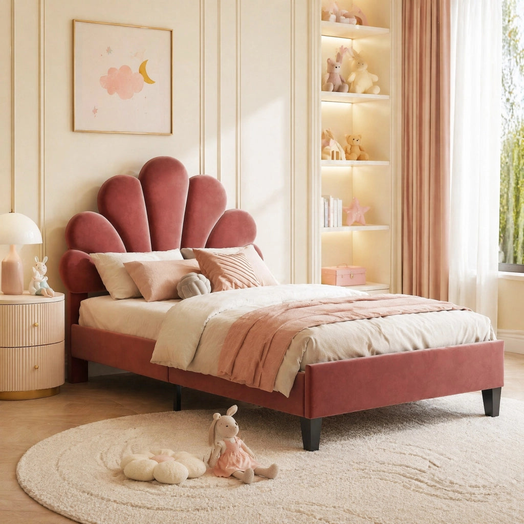 Letto imbottito 90x200 cm in velluto rosso fagiolo con testiera a fiore