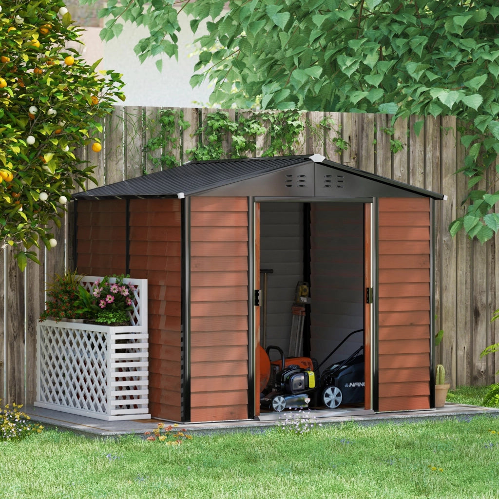 Capanno da giardino 4;4 m2; capanno da giardino con tetto monopendio; porta scorrevole; fondazione; 240 x 206 x 198 cm; capanno degli attrezzi in acciaio zincato; impermeabile; per giardino; teak