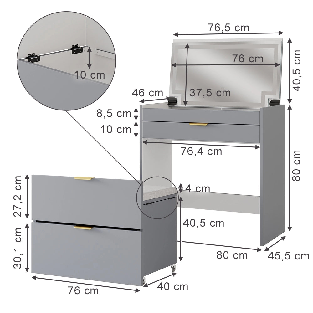 Vicco Tavolino da toilette Grigio 80 cm con panca e specchio LED