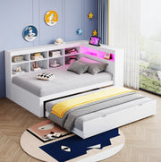 Letto multifunzionale in legno con contenimento, USB e LED, colore bianco