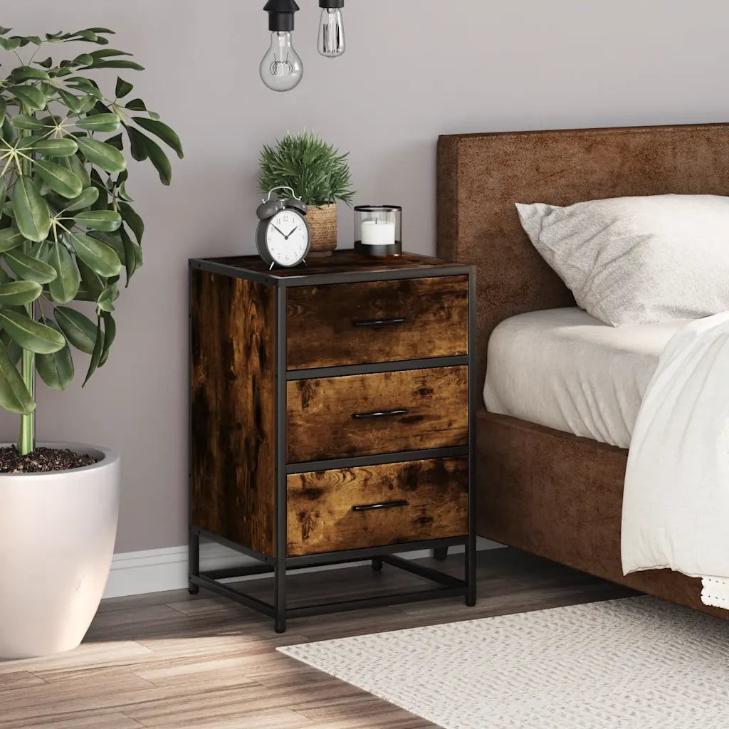 Comodino | Armadio da Notte | Mobiletto da notte Rovere Fumo 40x34,5x60 cm Legno Multistrato e Metallo