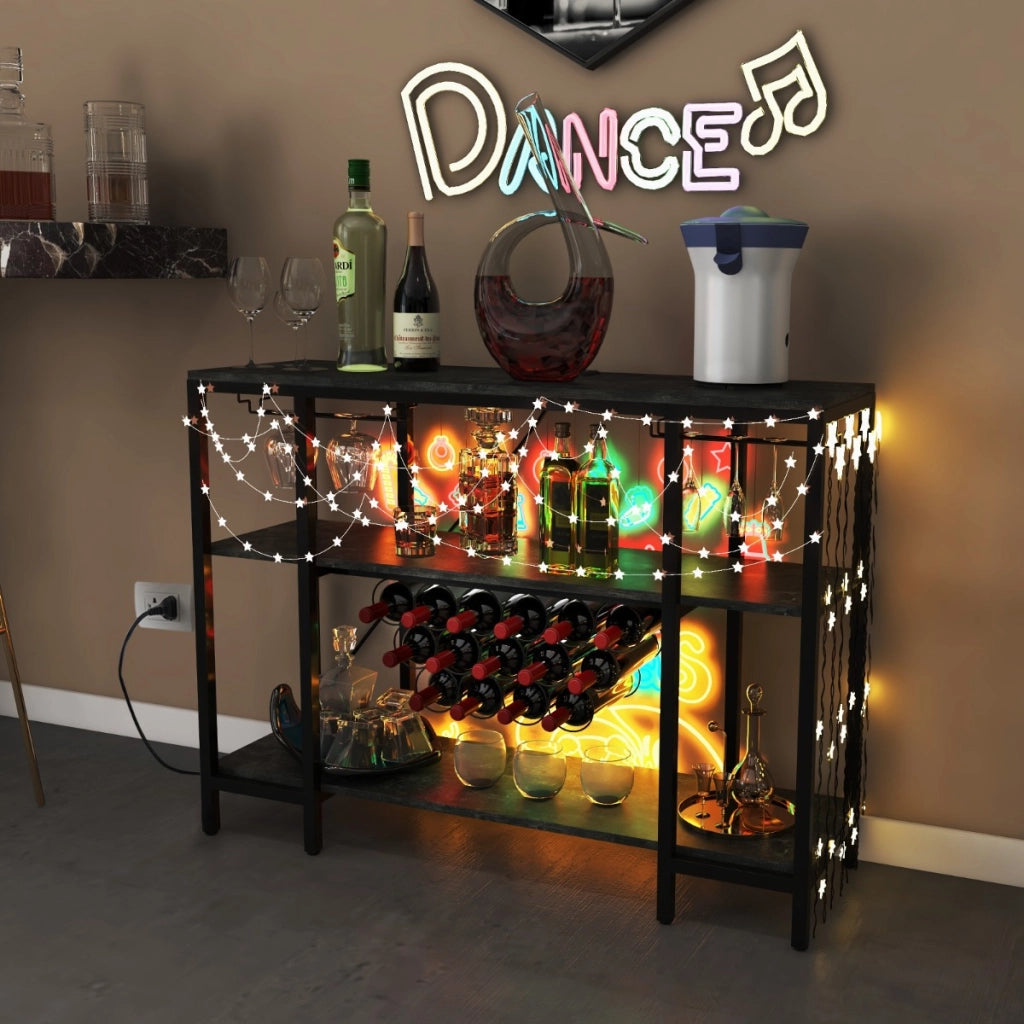 Mobile bar vino con 3 ripiani porta calici porte USB e prese struttura in metallo, Portabottiglie industriale Grigio scuro-Mobili porta liquori