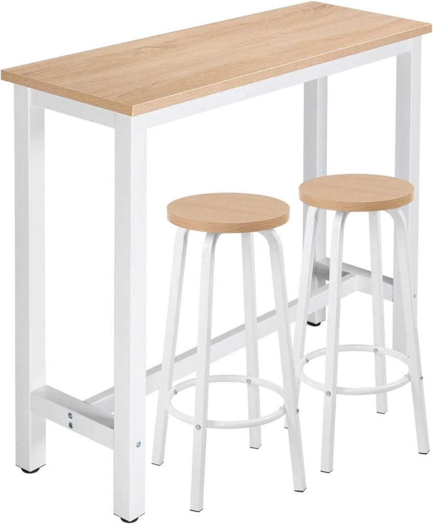 Tavolo da Bar con 2 Sgabelli Alti Set, Bar Bancone per Cucina in Acciaio Legno, Tavolo Alto 120x40x100cm, Rovere chiaro + Bianco