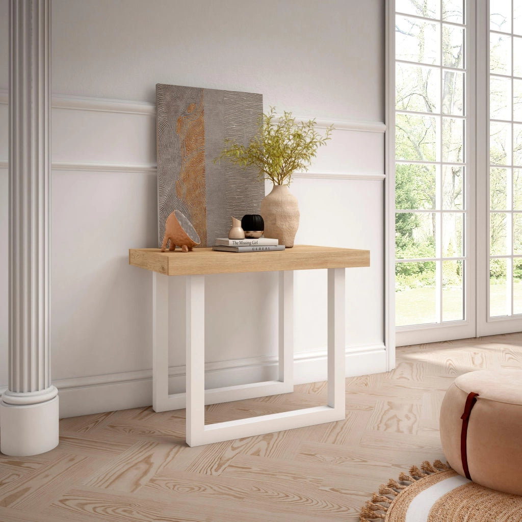 Consolle allungabile, 58 fino 160x90x73cm, Per 8 persone, Gambe in legno, colore Rovere RF2701