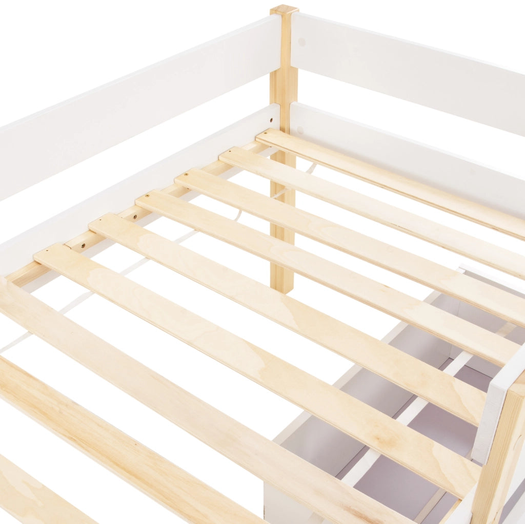 Letto per bambini 90x190 cm semi alto con cassetti e barriera; legno bianco (Senza materasso)