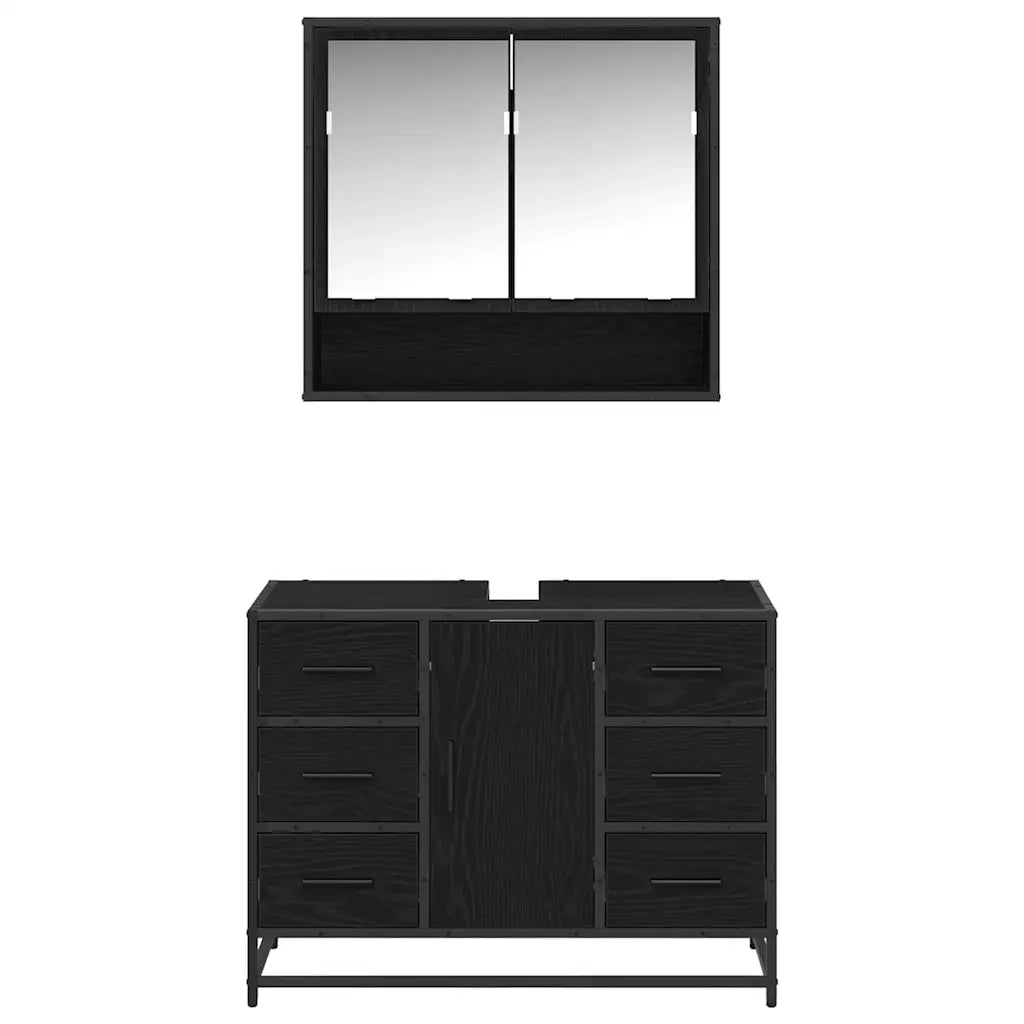Set di mobili per il Bagno | Armadio da bagno 2 pz Rovere Nero Legno multistrato