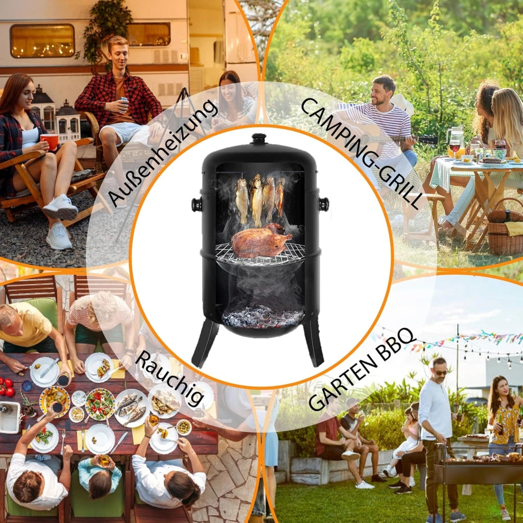 Affumicatore 3 in 1, Barbecue Carbonella, Griglia per Affumicatura con 2 Griglie in Acciaio Inossidabile, Termometro, Barbecue a Carbone, Affumicatore con Coperchio, Ø44,5 x80 cm Affumicatoi, Nero