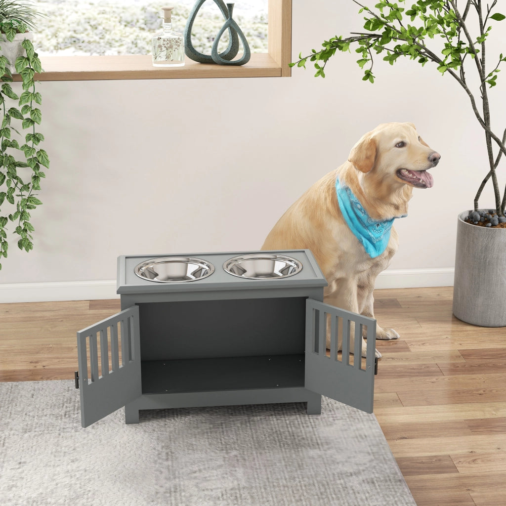 Casetta per cani con ciotole e vano portaoggetti ¨C zephmum ¨C 35.5x60x30 cm, grigio