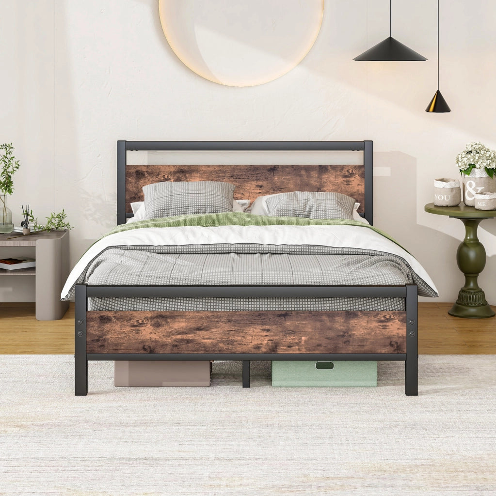 Letto 197x141.5x90 cm con contenitore e testiera in MDF e metallo marrone antico