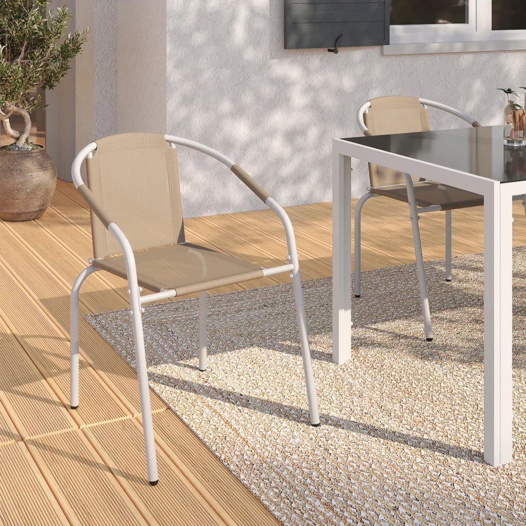 IDMarket - Set di 6 sedie da giardino impilabili THELMA in metallo e textilene, bianco e beige