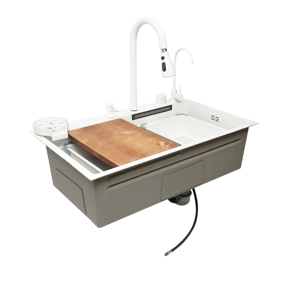 Lavello da cucina multifunzionale in acciaio inox con due rubinetti, funzione cascata, lavapentole, dispenser di sapone, scolapiatti, vassoio, tagliere e accessori di scarico inclusi, dimensioni 75x46x23,5 cm.