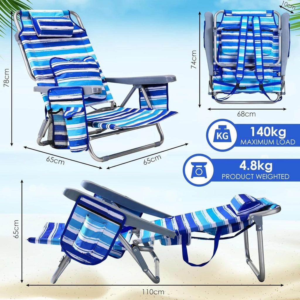 Sedia da spiaggia con funzione zaino, pieghevole con funzione di sdraio, per sabbia, schienale alto, regolabile, con bracciolo, cuscino lombare, poggiatesta tasche laterali, sedia da campeggio