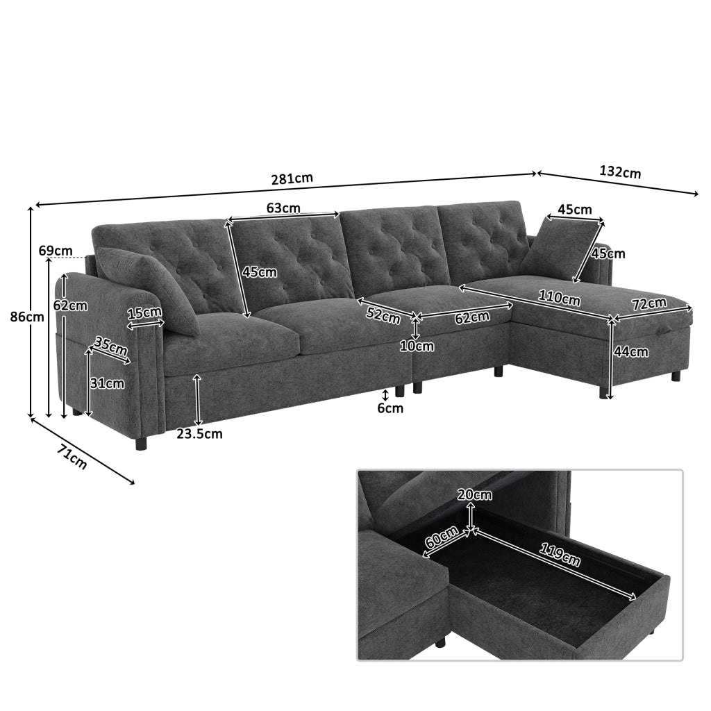 Divano angolare convertibile con vano contenitore e tasche laterali, in Velluto Grigio 281 × 132 × 86 cm