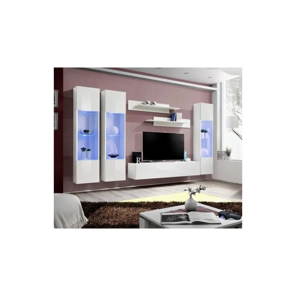 Mobile TV FLY C3 design, colore bianco lucido. Mobile sospeso moderno e alla moda per il tuo soggiorno.
