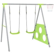 Gioco per Bambini 3 in 1 con Altalena da Giardino, Canestro e Porta da Calcio, 238x180x182 cm,, Verde e Grigio