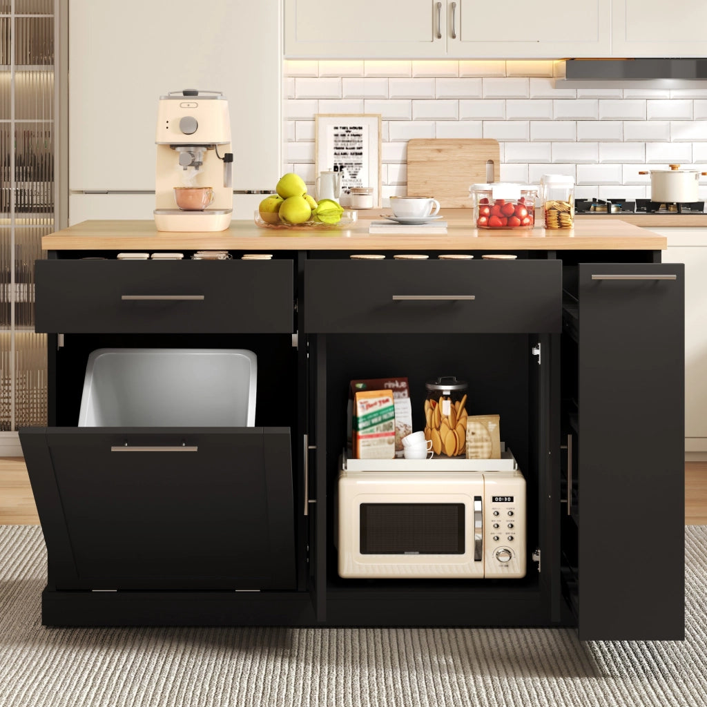 Isola da cucina, piano ribaltabile, scaffale a 4 ripiani per condimenti, 2 cassetti, ruote con freno, colore nero e naturale