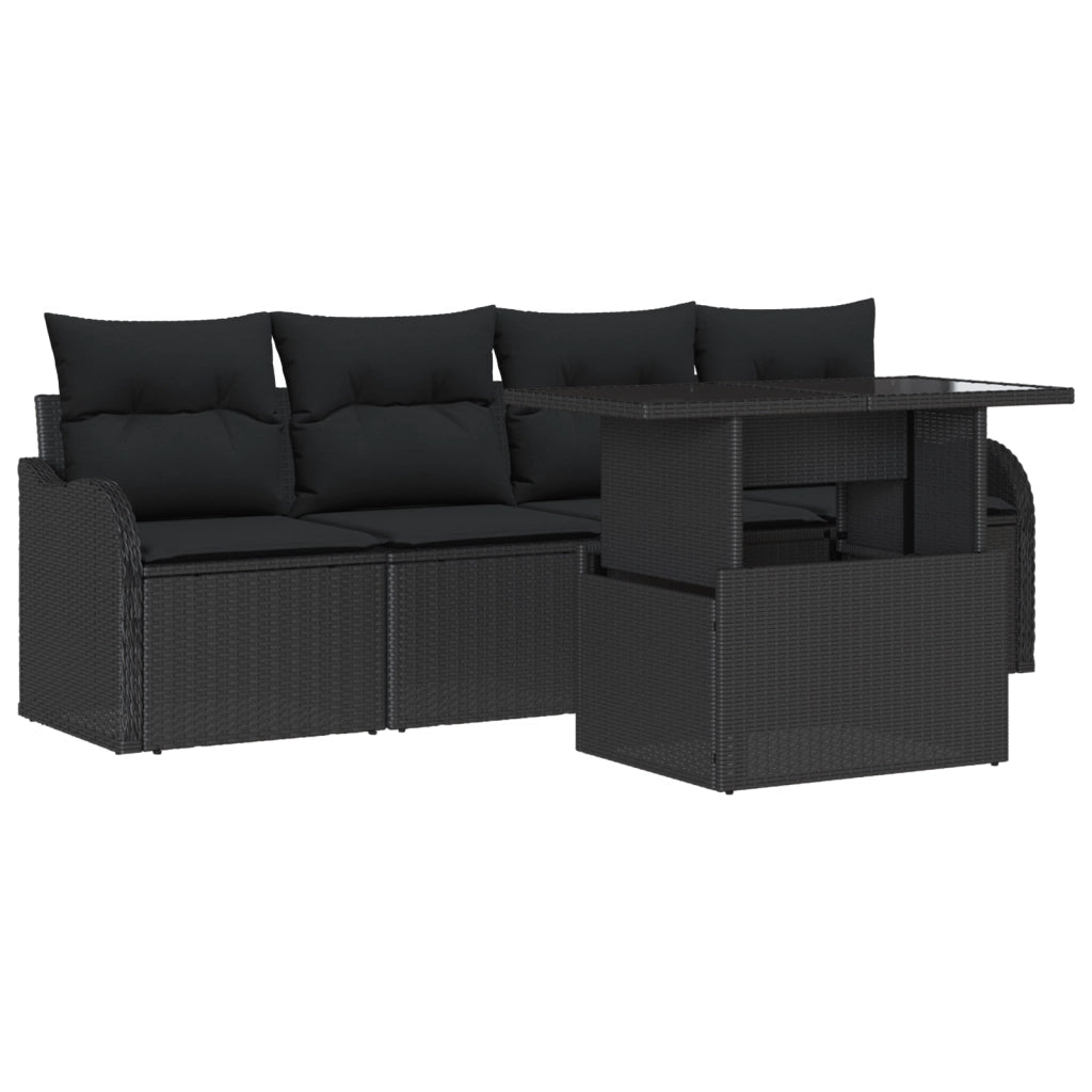 Set Divano da Giardino  5 Pezzi con Cuscini Nero Polyrattan