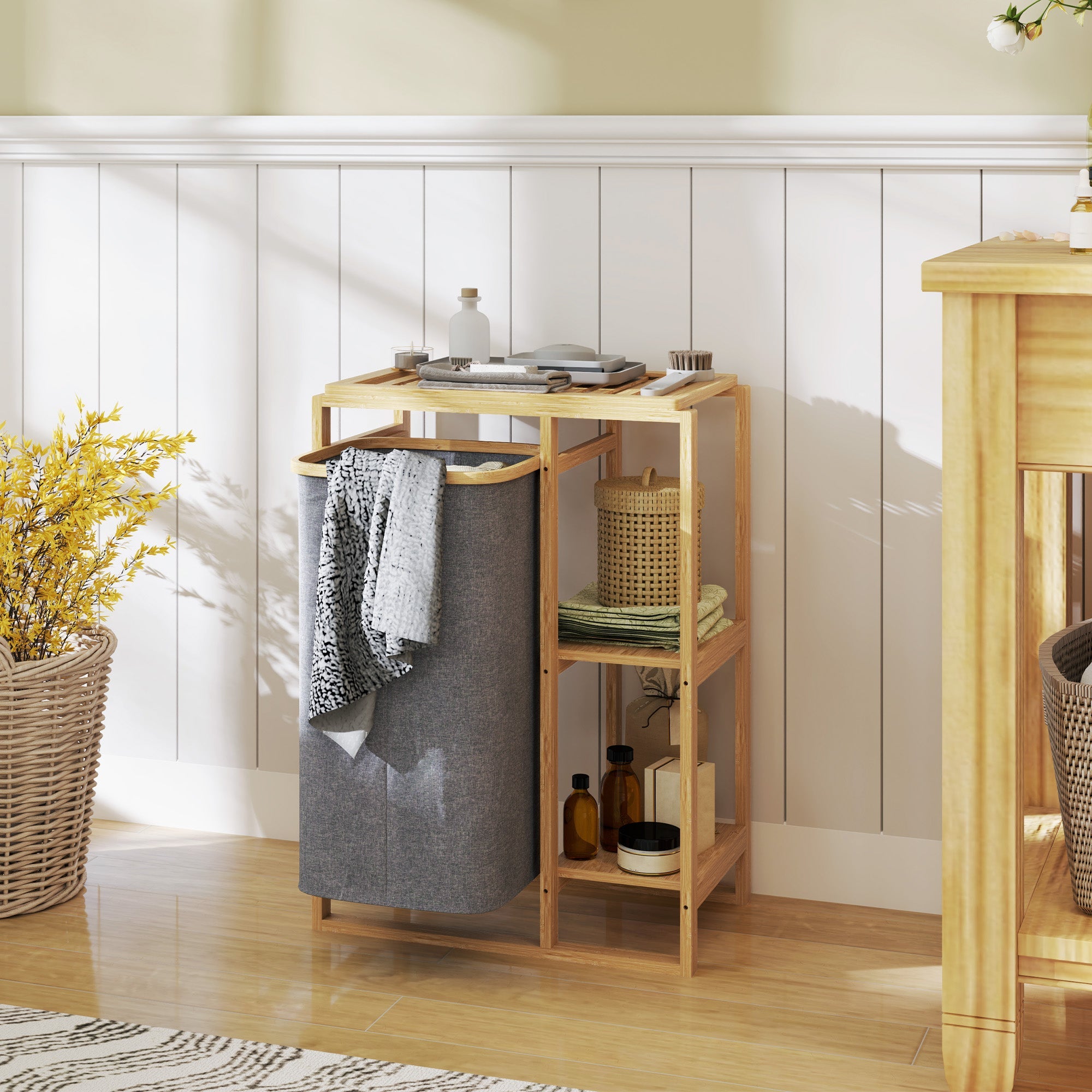 Cesto Portabiancheria 50x32x70 cm con Borsa Estraibile e Ripiano in Bambù Grigio