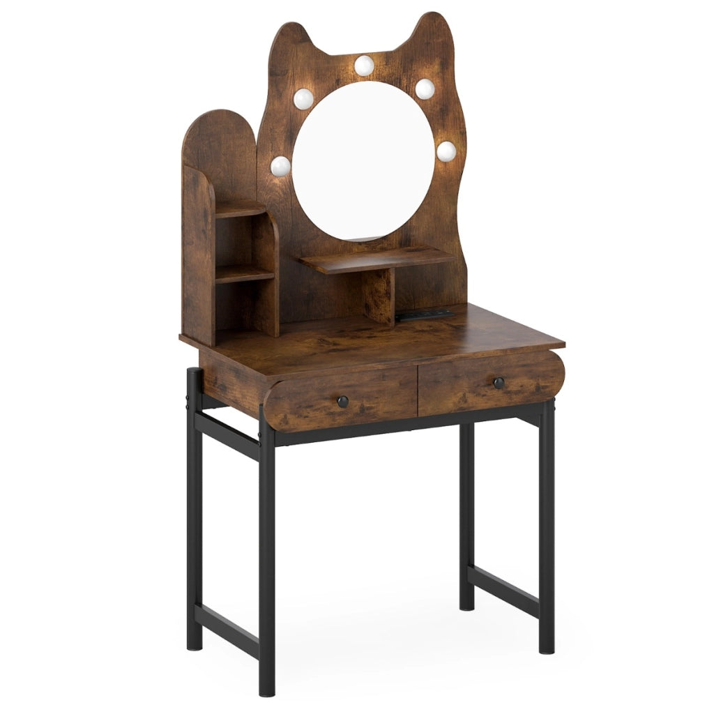 Toeletta a forma di gattino con specchio e luci tavolo trucco, Toeletta stazione di ricarica integrata Marrone-Tavoli da trucco