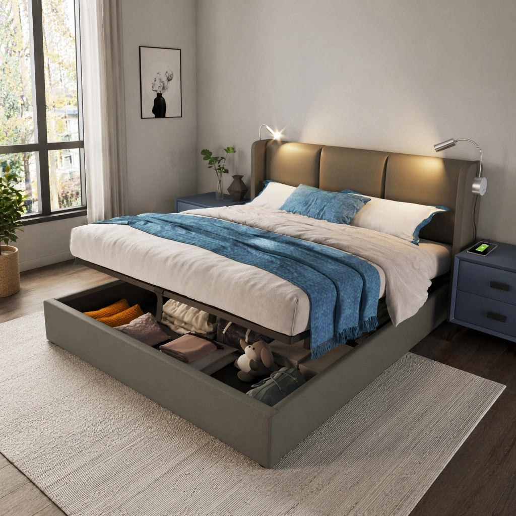 DESMIU Letto contenitore letto matrimoniale con vano, USB e lampada da lettura 140 × 200 cm, senza materasso, PU grigio