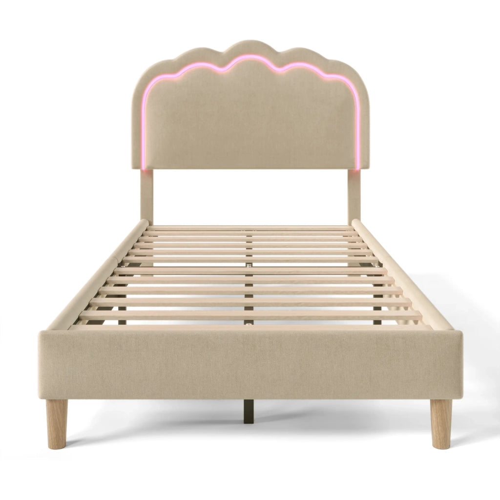 Letto singolo imbottito 90x190 cm con LED; testiera regolabile e rete a doghe; tessuto beige