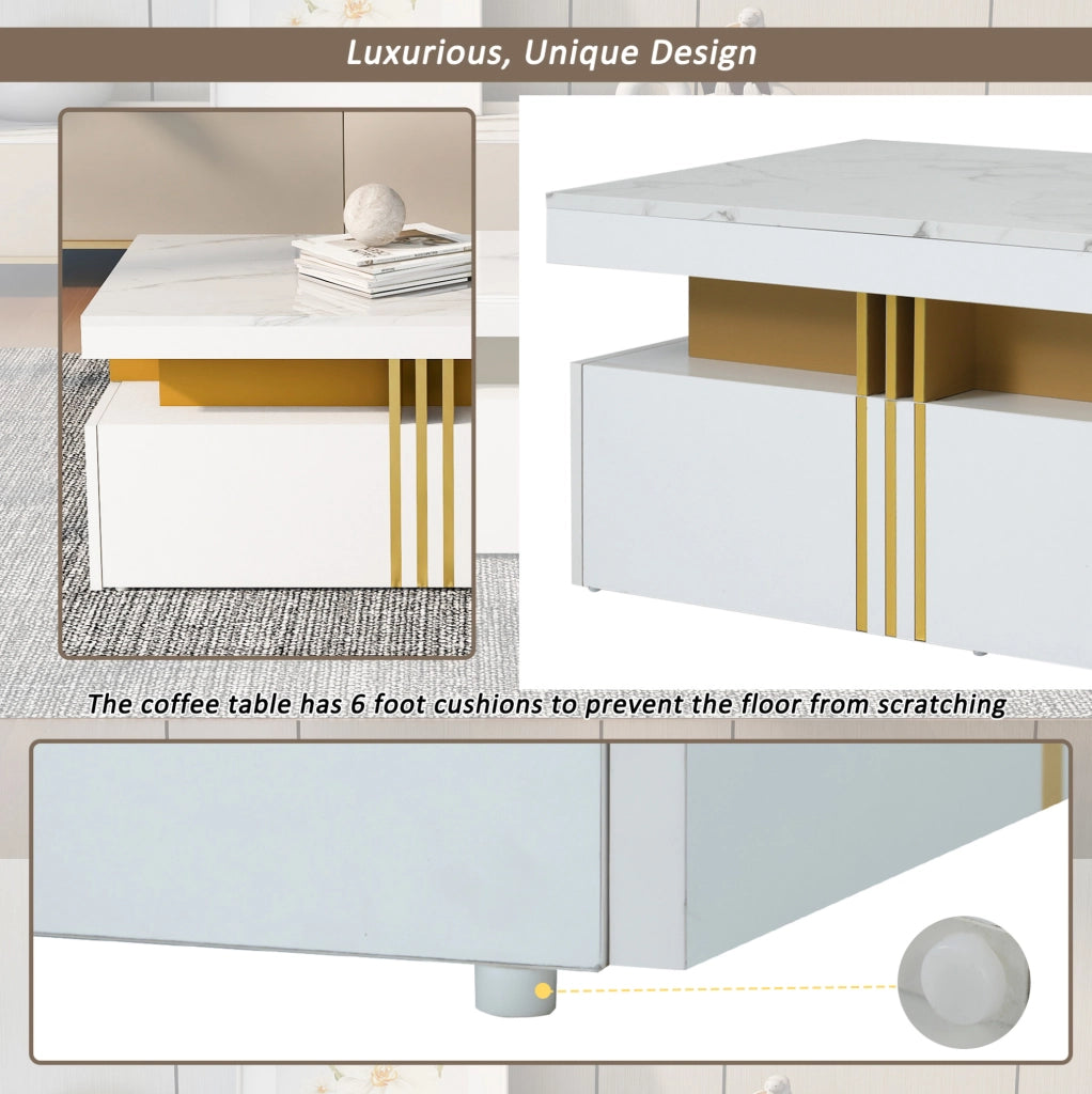 Tavolino da salotto moderno rettangolare 100x50x40 cm bianco lucido con 2 cassetti