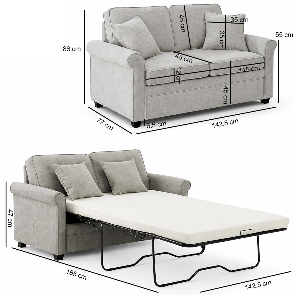 Divano Letto a 2 Posti Grigio con Cuscino Memory Ergonomico con Apertura Facile