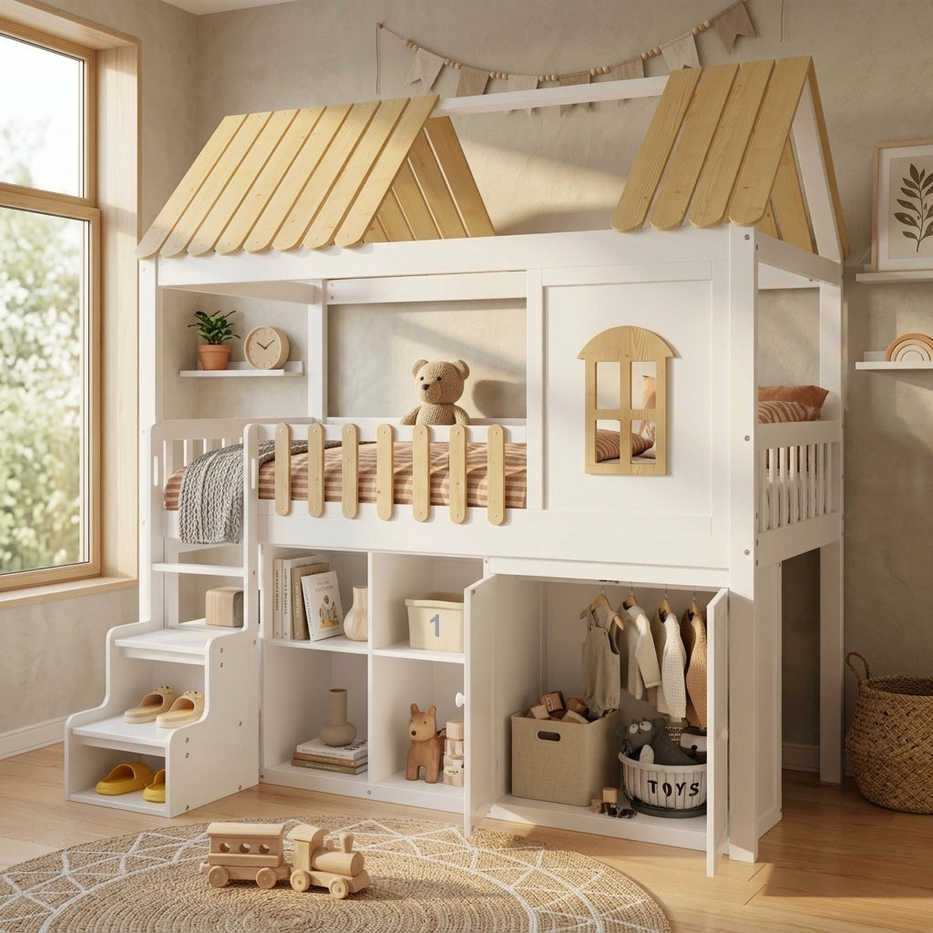 Letto a Soppalco 90x200 cm; Armadio; Scaffale Aperto e Finestra - Bianco e Naturale