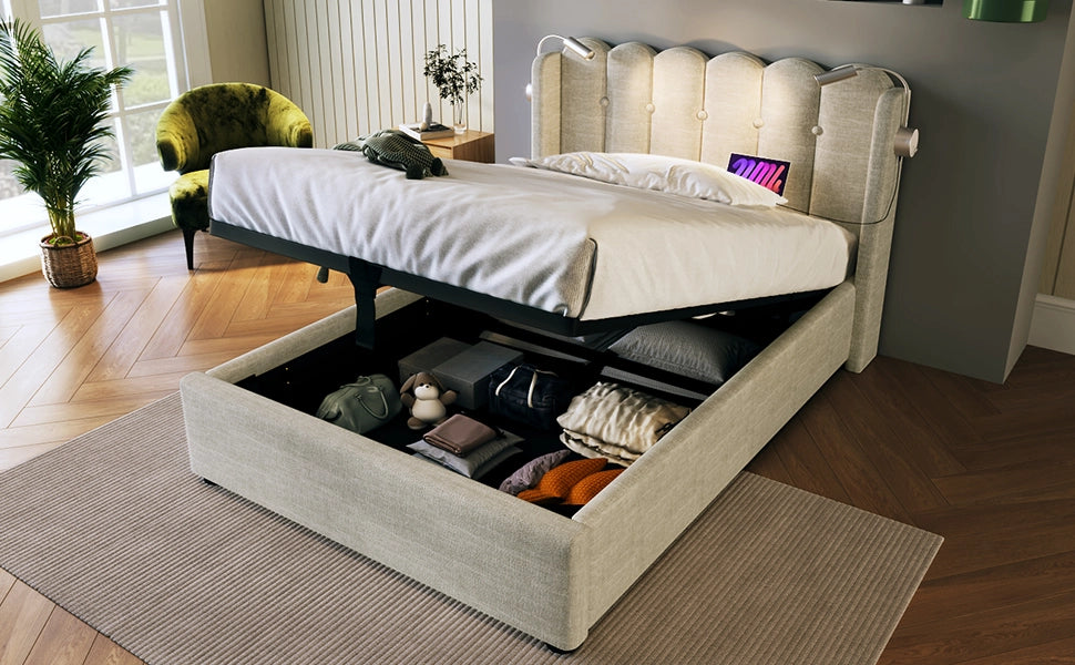 DESMIU Letto contenitore letto singolo 90 × 200 cm 1 posto con USB, luce da lettura e vano, senza materasso