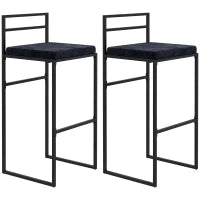 Set di 2 Sgabelli da Bar Alti con Cuscino di Seduta in Velluto, Poggiapiedi, Altezza 74 cm, Nero
