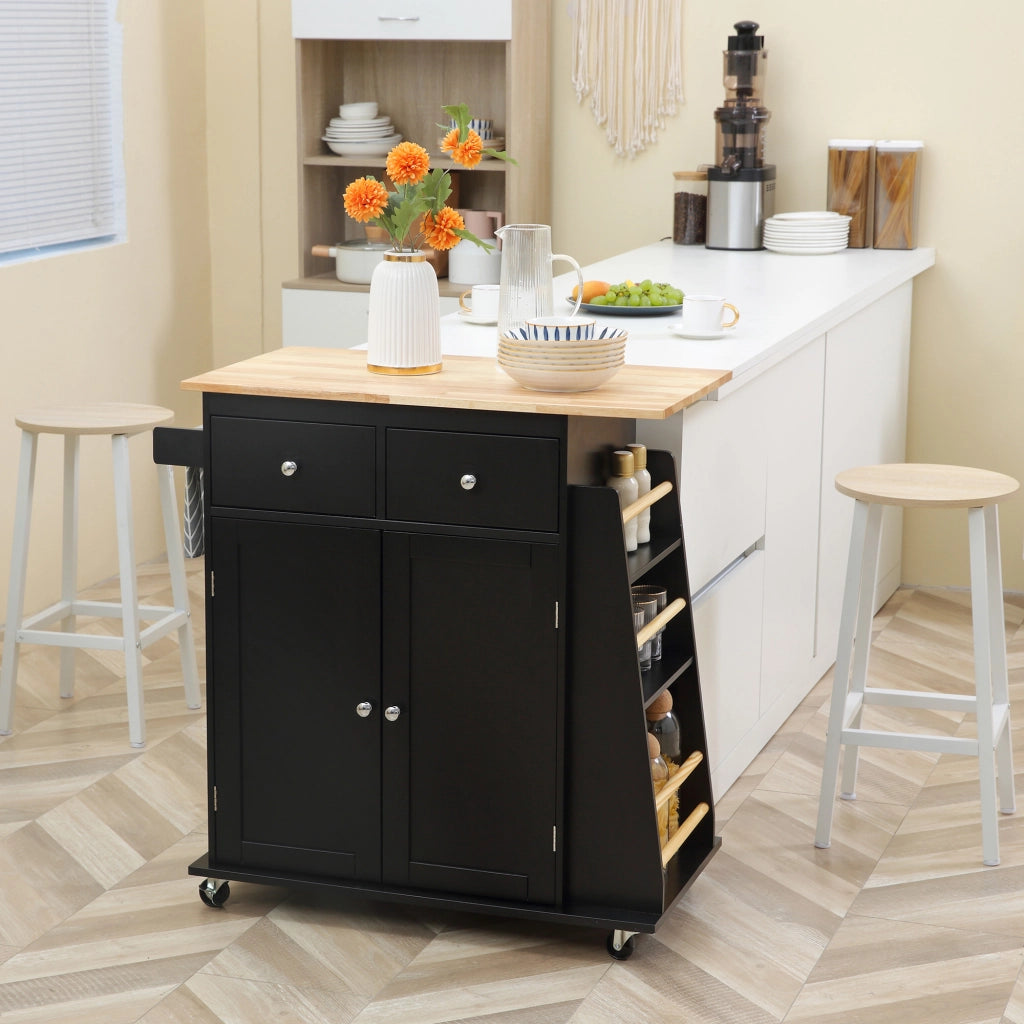 Carrello da Cucina con Armadietto, 2 Cassetti e Portaspezie, Isola da Cucina in Legno, 89x45x89.5cm, Nero