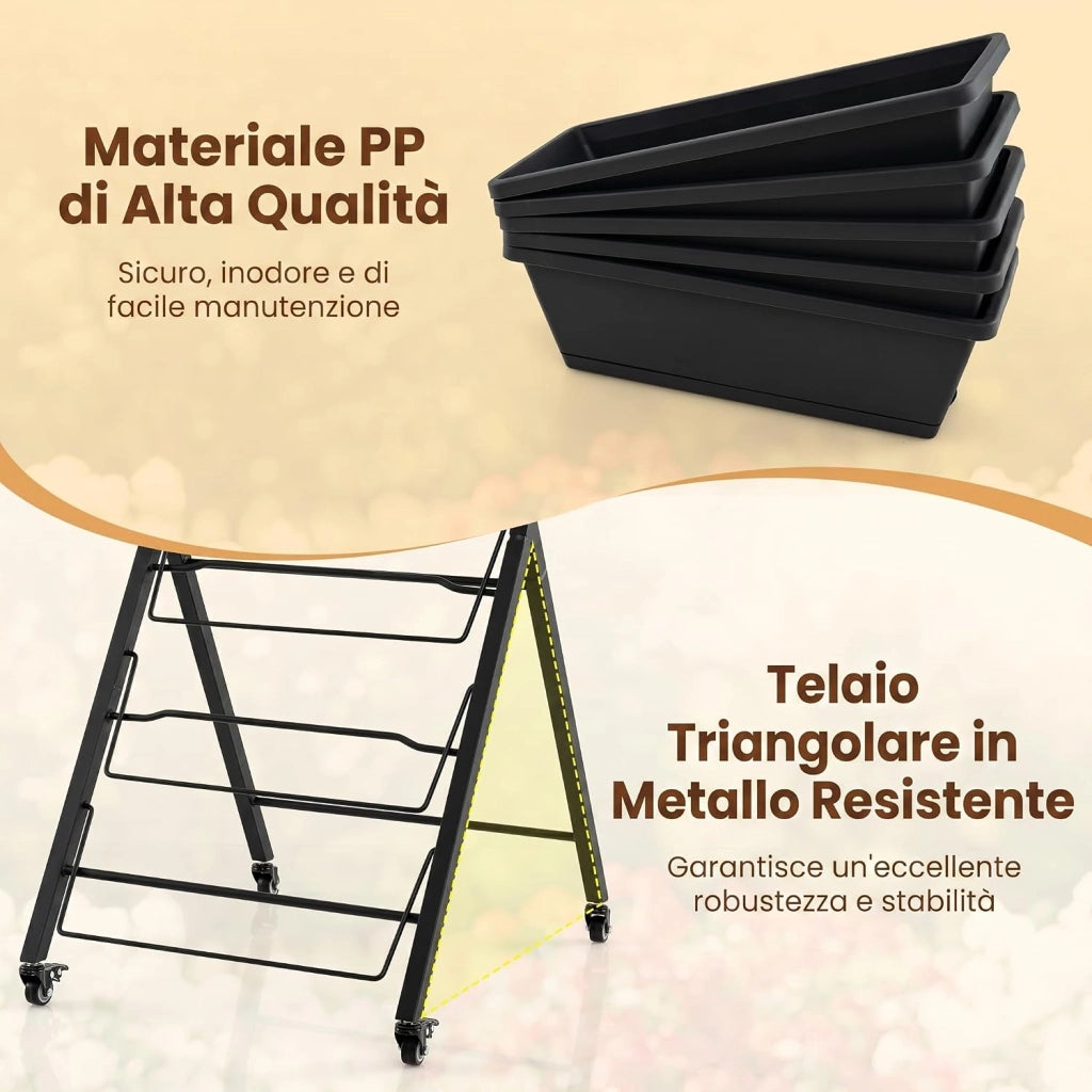 Fioriera Verticale a 5 Livelli, Orto Rialzato da Interno ed Esterno con Ruote Bloccabili, Vassoio e Foro di Drenaggio, Scaffale a Scaletta in Metallo Verniciato per Piante, Fiori e Verdure