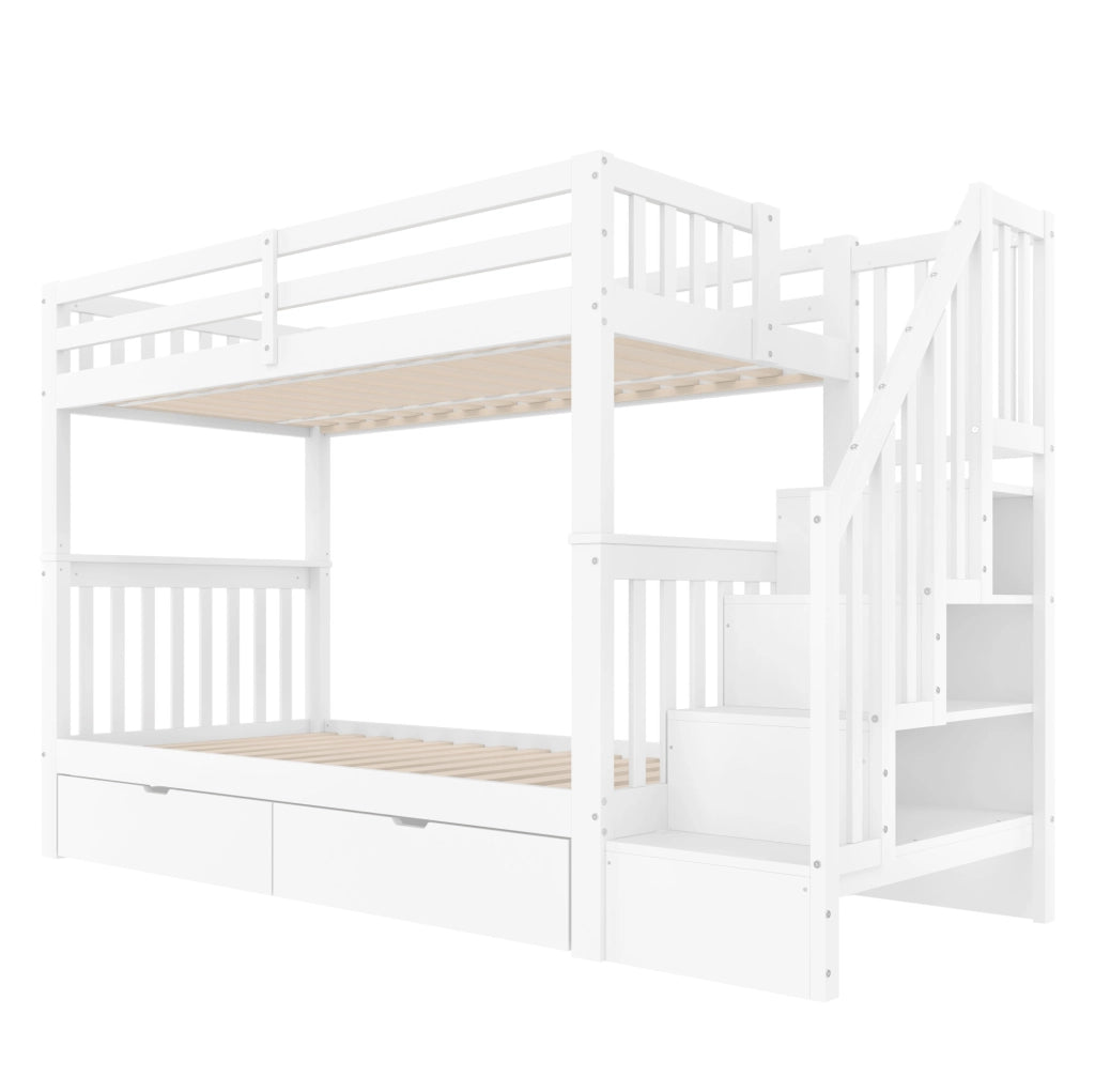 Letto a castello 90x200 cm con scala contenitore e 2 cassetti