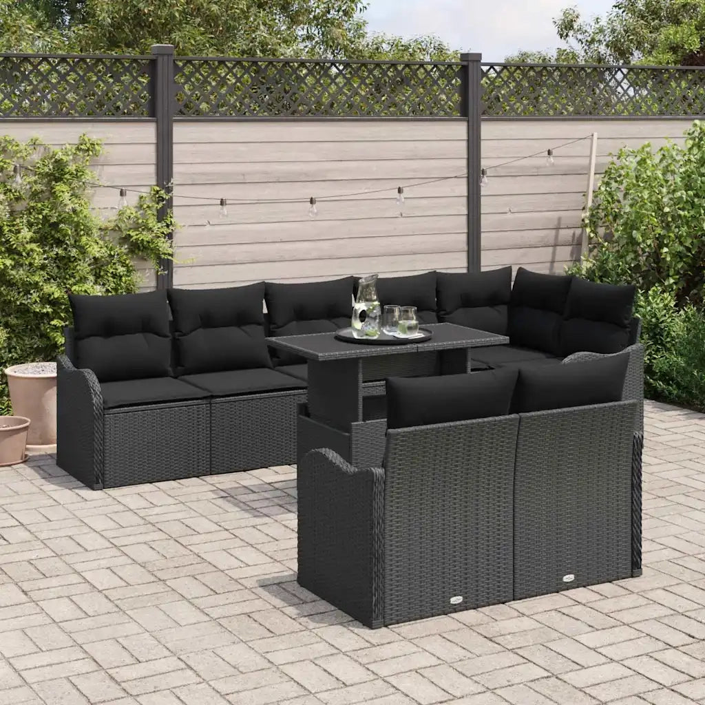 Set di relax con cuscino 9 pcs Nero Poly Rattan