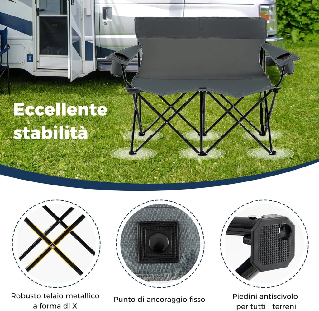 Sedia da Campeggio Doppia, Poltrona Pieghevole per 2 Persone con Portabicchieri, Borsa per il Trasporto, Sedia da Giardino Portatile per Spiaggia, Picnic, Pesca, Portata 300 kg (Grigio)