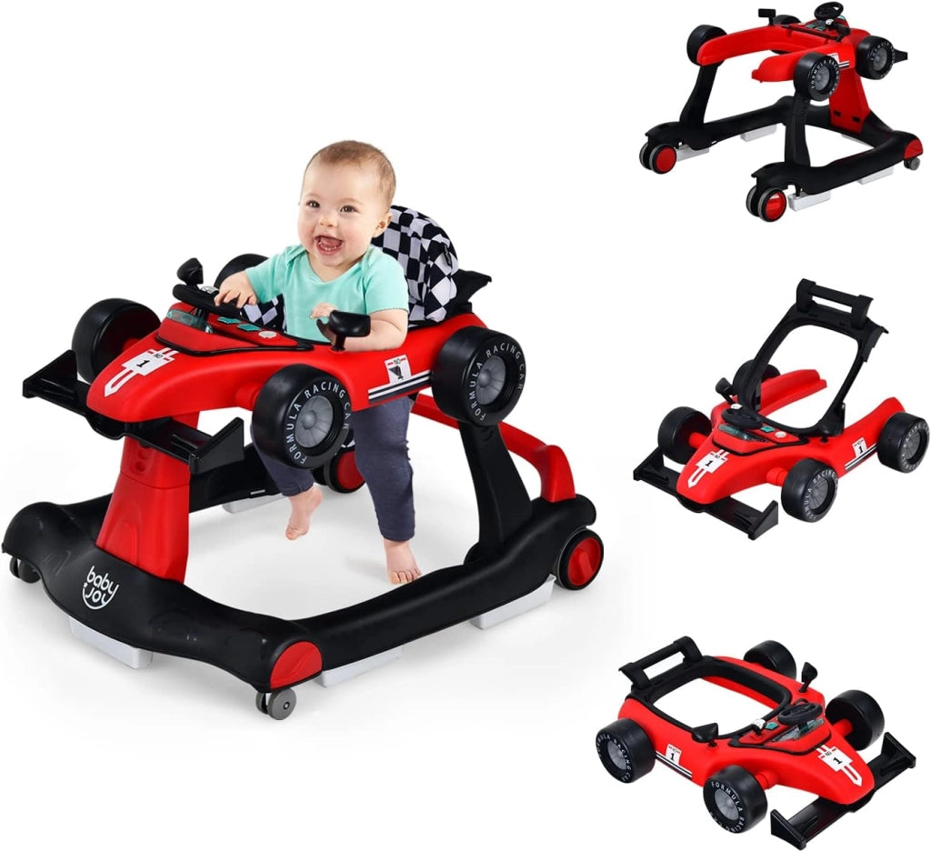 Girello per Bambini 4 in 1, Girello Pieghevole con Altezza e Velocità Regolabili, Carillon con Luci, Volante, Primi Passi per Bambini 6-18 Mesi, Portata 12 kg (Rosso)