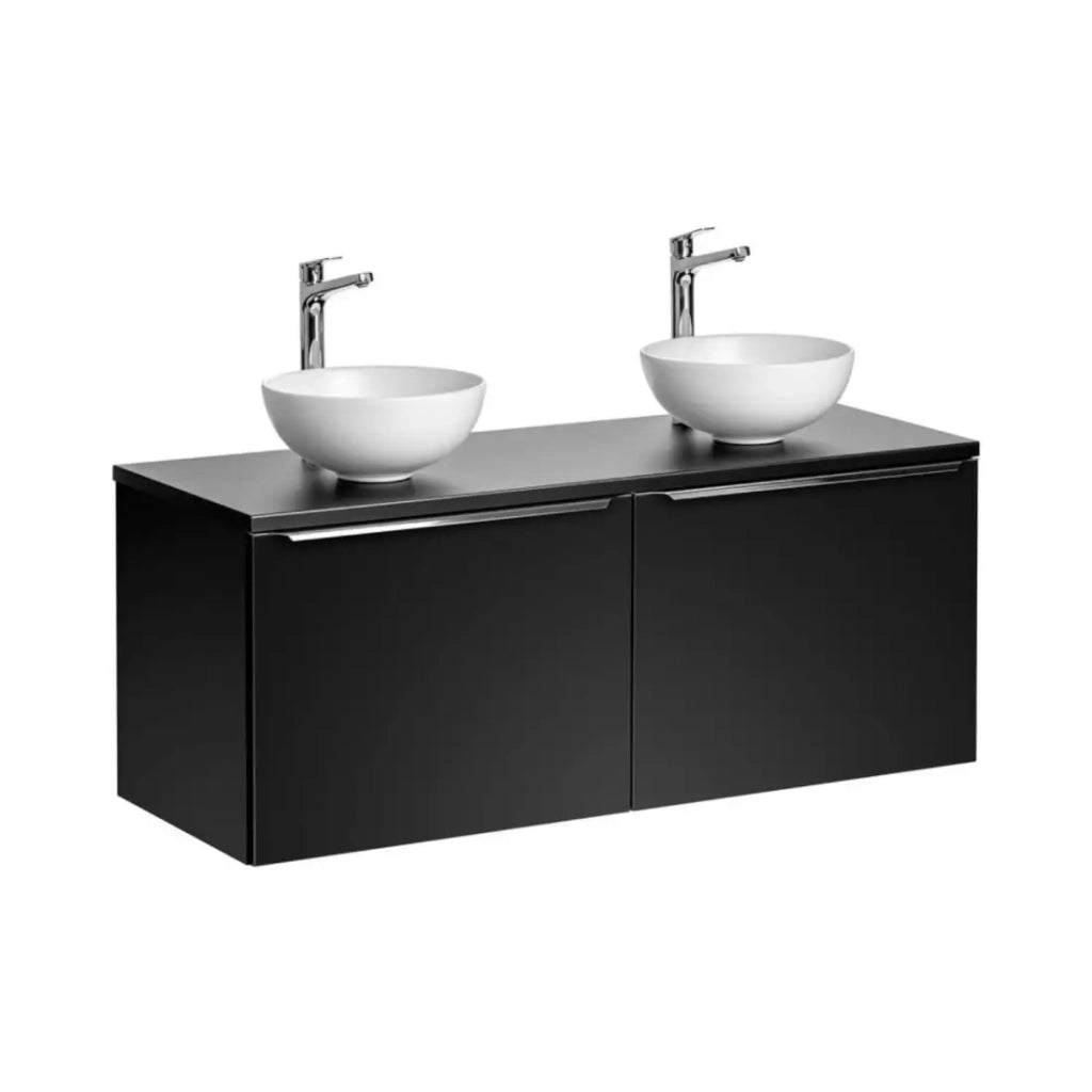 Set da bagno VANTA: mobile sottolavabo 120cm + piano per lavabo + 2 lavabi bianchi da appoggio