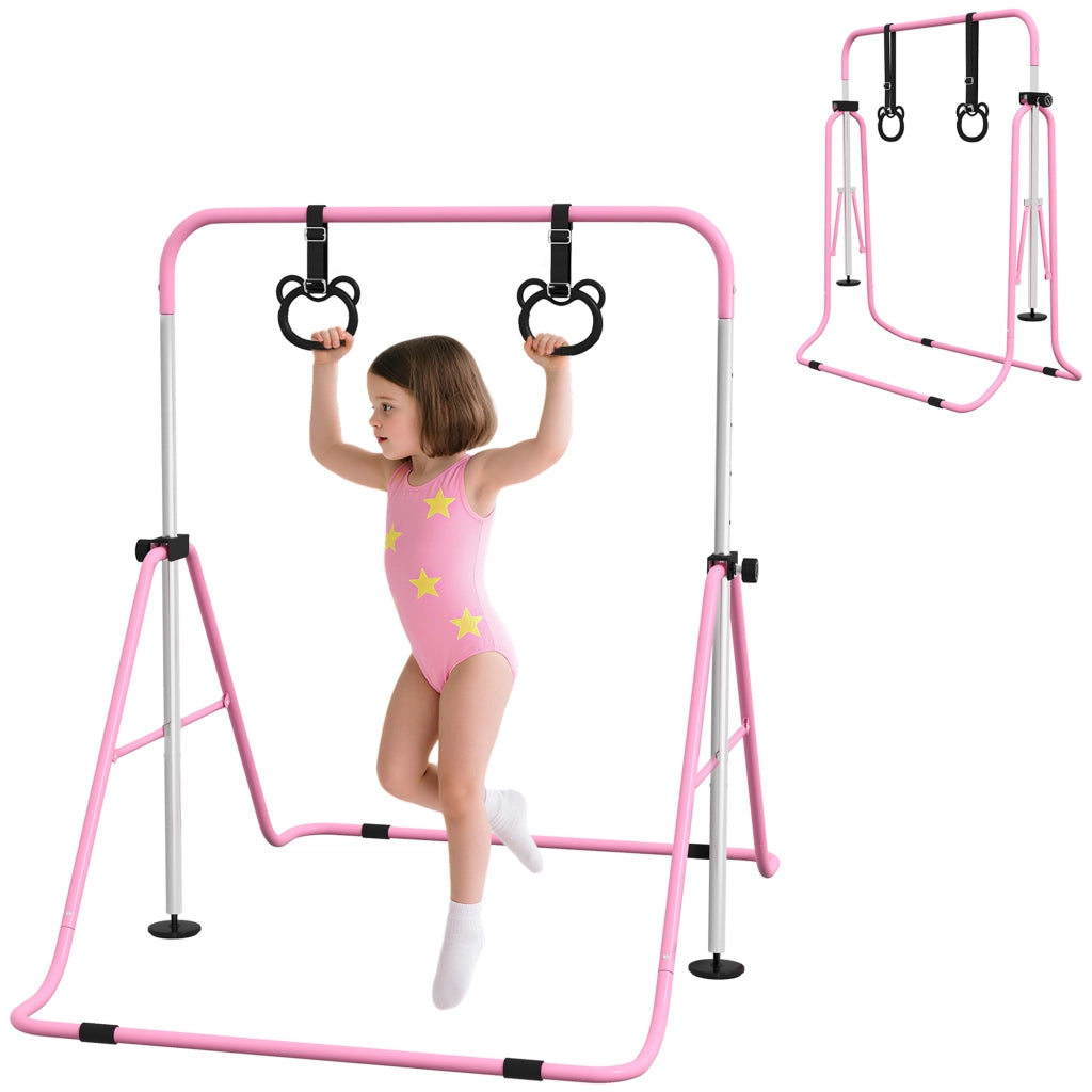 Sbarre Parallele per Bambini con Anelli, Regolabile in Altezza, Pieghevole ¨C zephmum ¨C 148x105x88-128 cm, Rosa