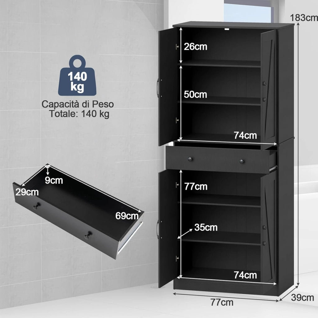Credenza Alta da Cucina, Mobile Dispensa in Legno con 3 Ripiani Regolabili, 1 Cassette e 4 Ante, Armadio Moderno per Cucina, Soggiorno, Sala da Pranzo, 77 x 39 x 183 cm (Nero)