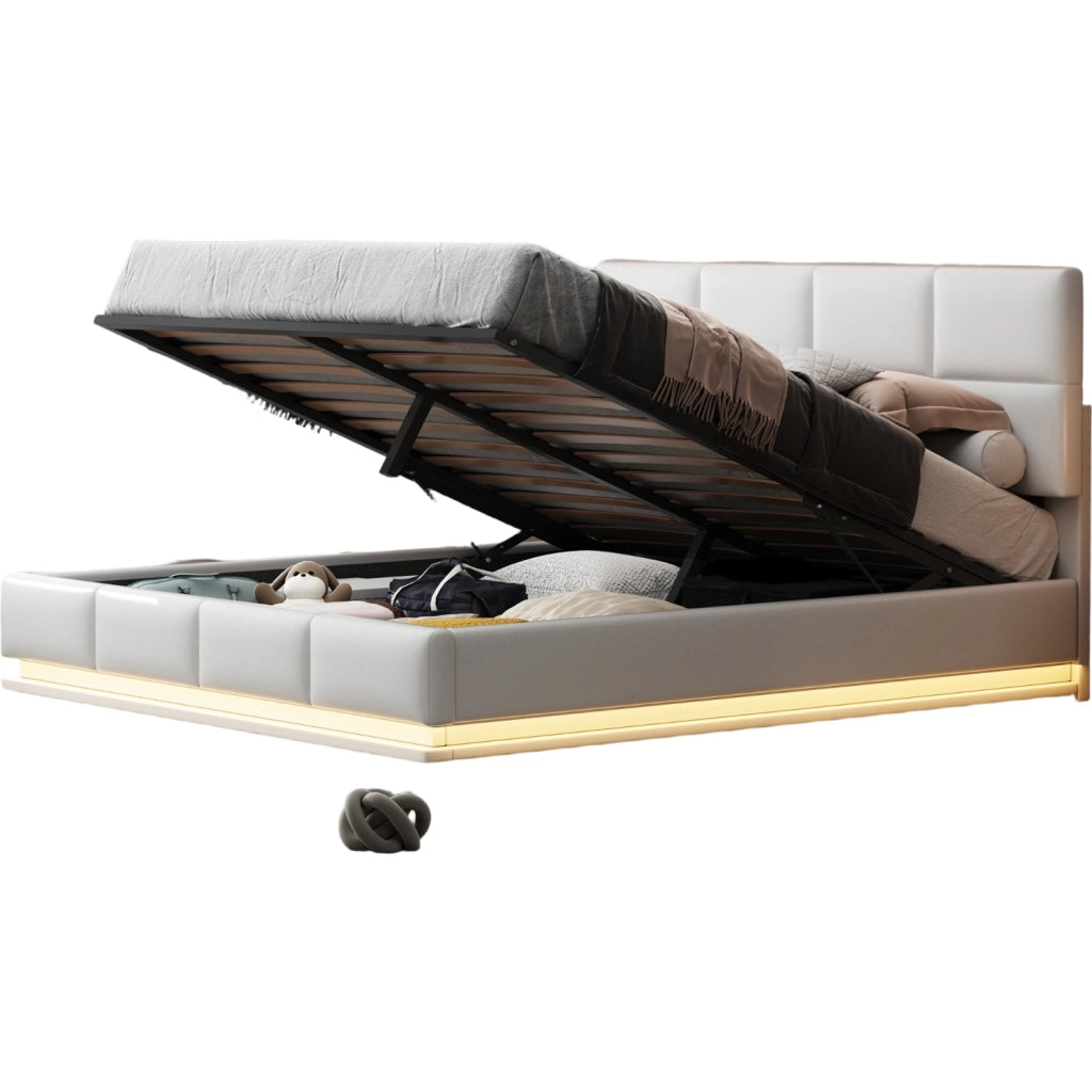 Letto 180x200 cm con LED e contenitore sollevabile in similpelle bianco