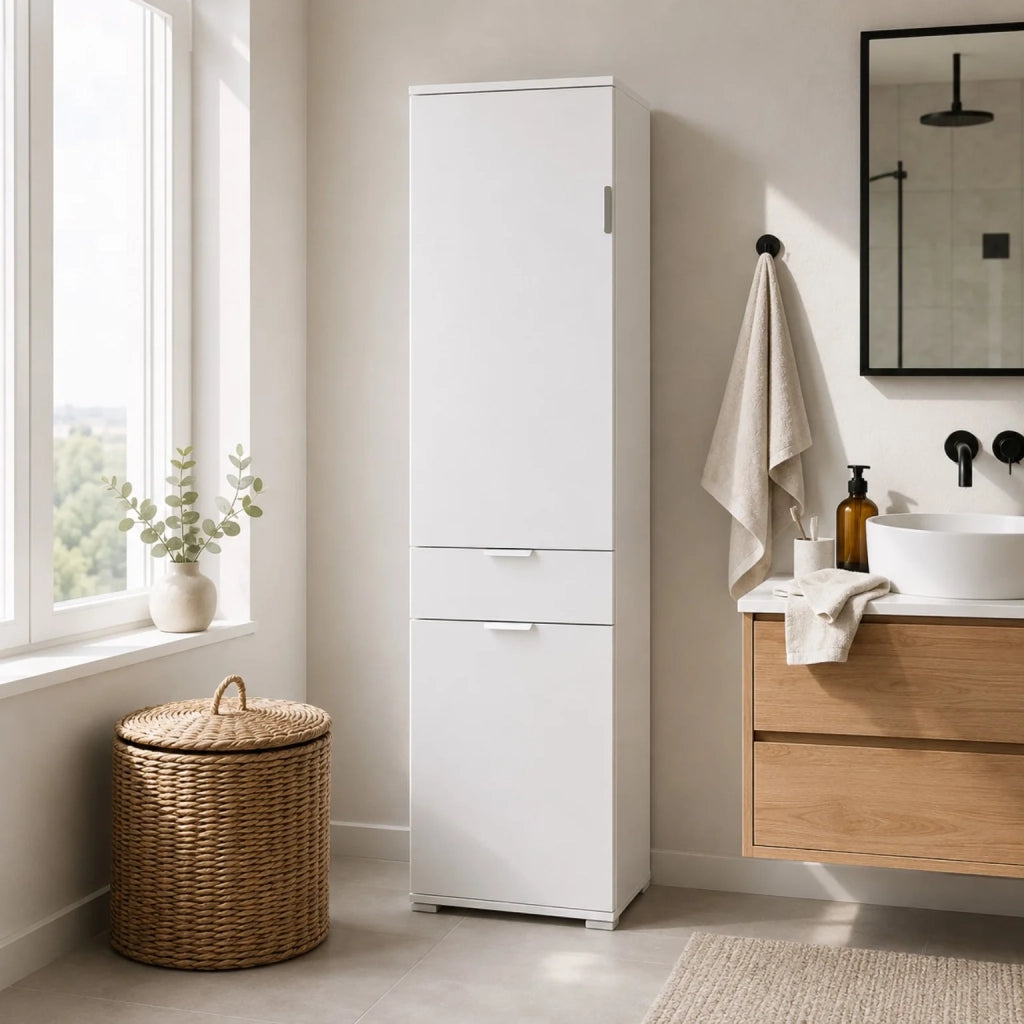 Armadio Colonna 2 Ante con Cassetto Bianco Già Montato | Mobile Multiuso Salvaspazio con Ripiani Regolabili | Armadietto Alto per Bagno, Cucina e Lavanderia