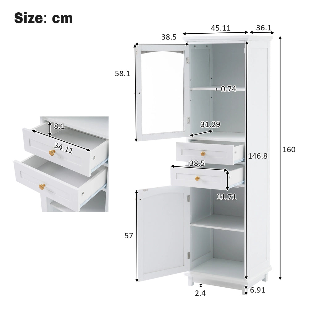 Armadietto da bagno con porta in vetro, 2 cassetti e ripiani regolabili, in MDF e vetro, bianco 45 × 36 × 160 cm